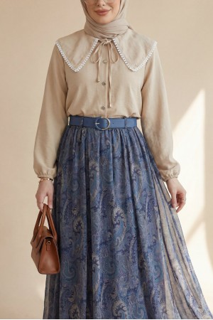 تنورة شيفون مبطنة بحزام وقصة غير متماثلة  -اللون النيلي