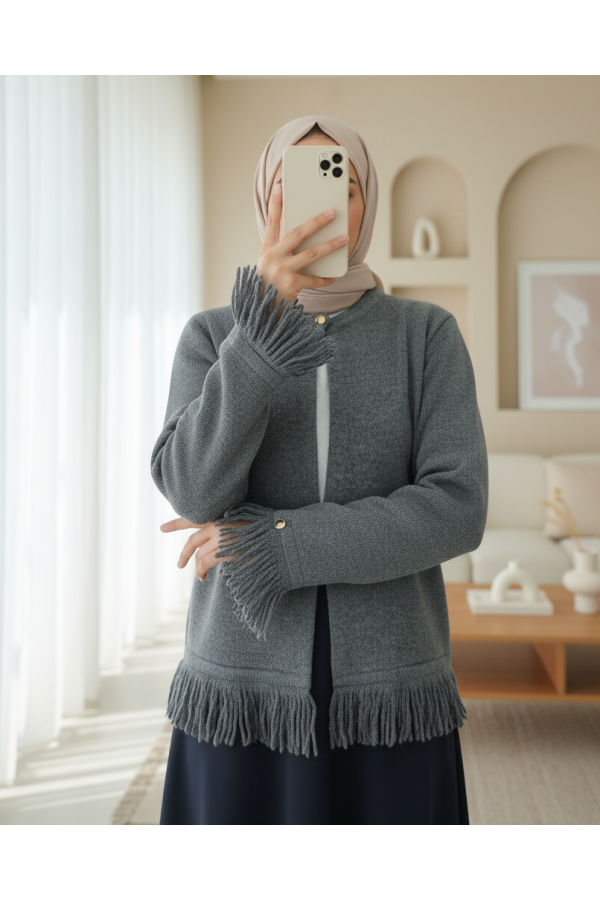 Single Button Fringed Soft Knit Cardigan -Smoked 
