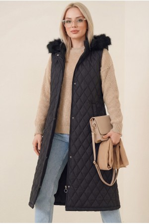 Çıkma Kapşonlu Kapitone Uzun Yelek -Siyah