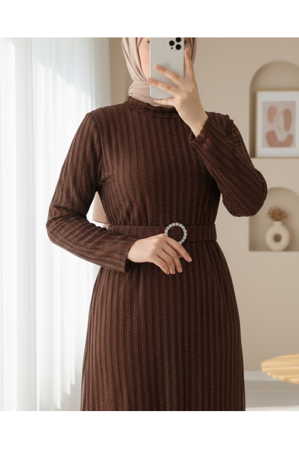 Gemstone Belt Glitter Striped Tulle Plus Size Dress -Brown