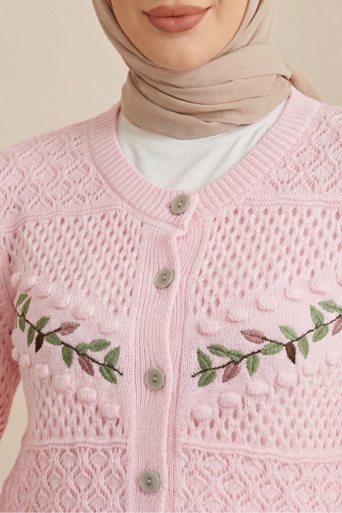 Buttoned Front Embroidered Openwork Knit Cardigan  -Pink