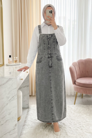 Yarım Düğmeli Cepli Kot Salopet -Füme