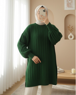 Soft Knit Tunic with Ribbed Slits -Dark green