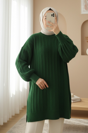 Fitilli Yırtmaçlı Yumoş Triko Tunik -Koyu Yeşil