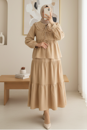 Lace-up suit with layered skirt detail - Beige