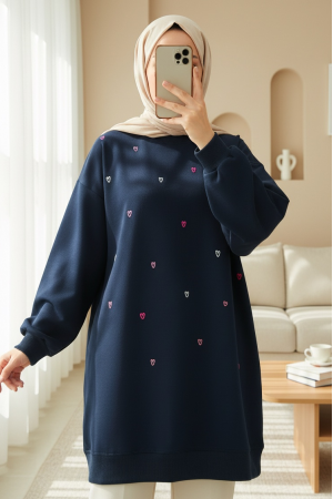 Yuvarlak Yaka Kalp Desenli Penye Tunik  -Laci