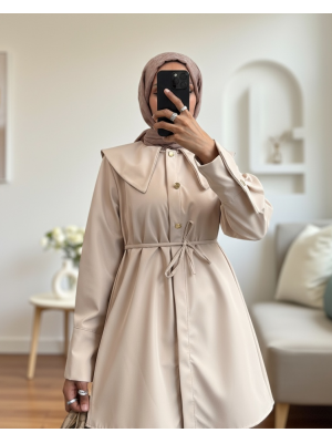 Geniş Yakalı Beli Bağlamalı Bonding Kap -Bej