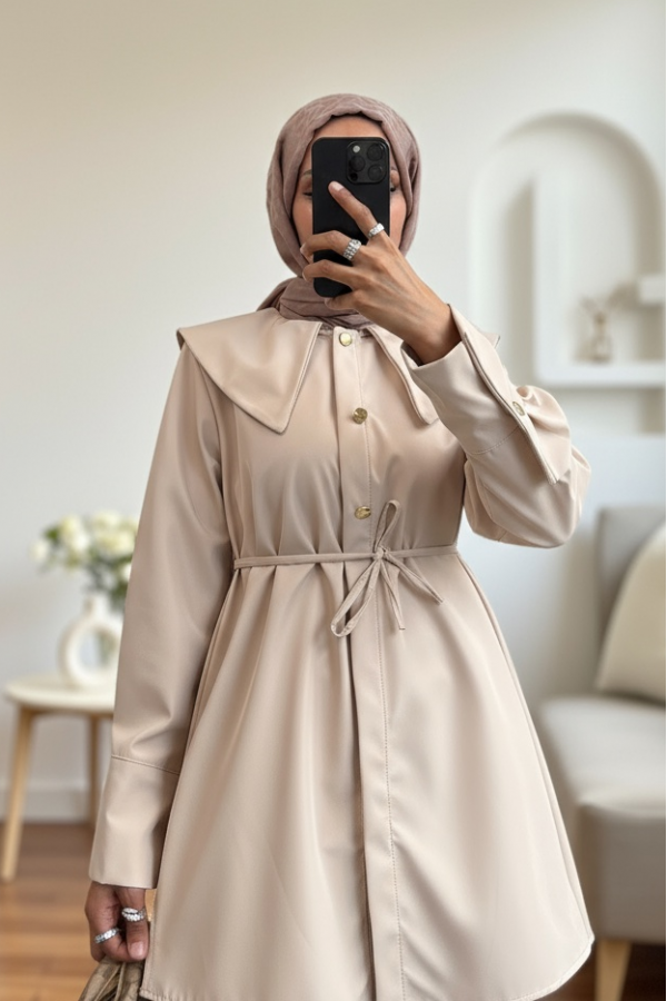 Wide Collared Waist-Tied Bonding Cape - Beige