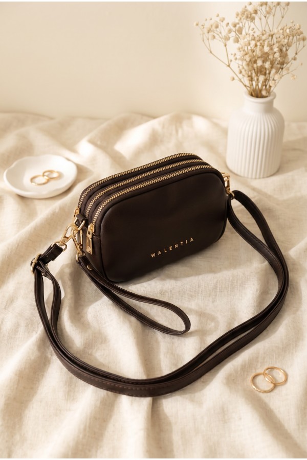 Three-Compartment Mini Clutch Bag with Long Strap -Dark Coffee
