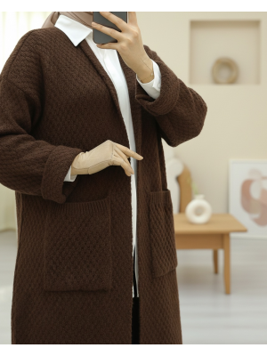 Çift Cepli Uzun Triko Hırka -Kahve