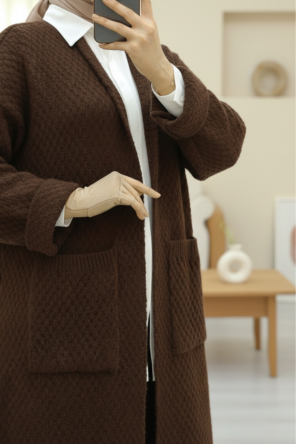 Double Pocket Long Knitted Cardigan -Brown