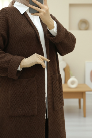 Çift Cepli Uzun Triko Hırka -Kahve