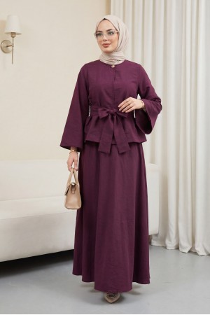 Tek Düğmeli Kuşaklı Etekliİkili Takım -Bordo