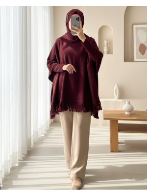 Eteği Püskül Detaylı Triko Panço  -Bordo