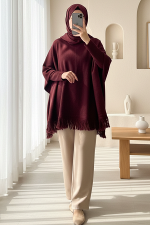 Eteği Püskül Detaylı Triko Panço  -Bordo