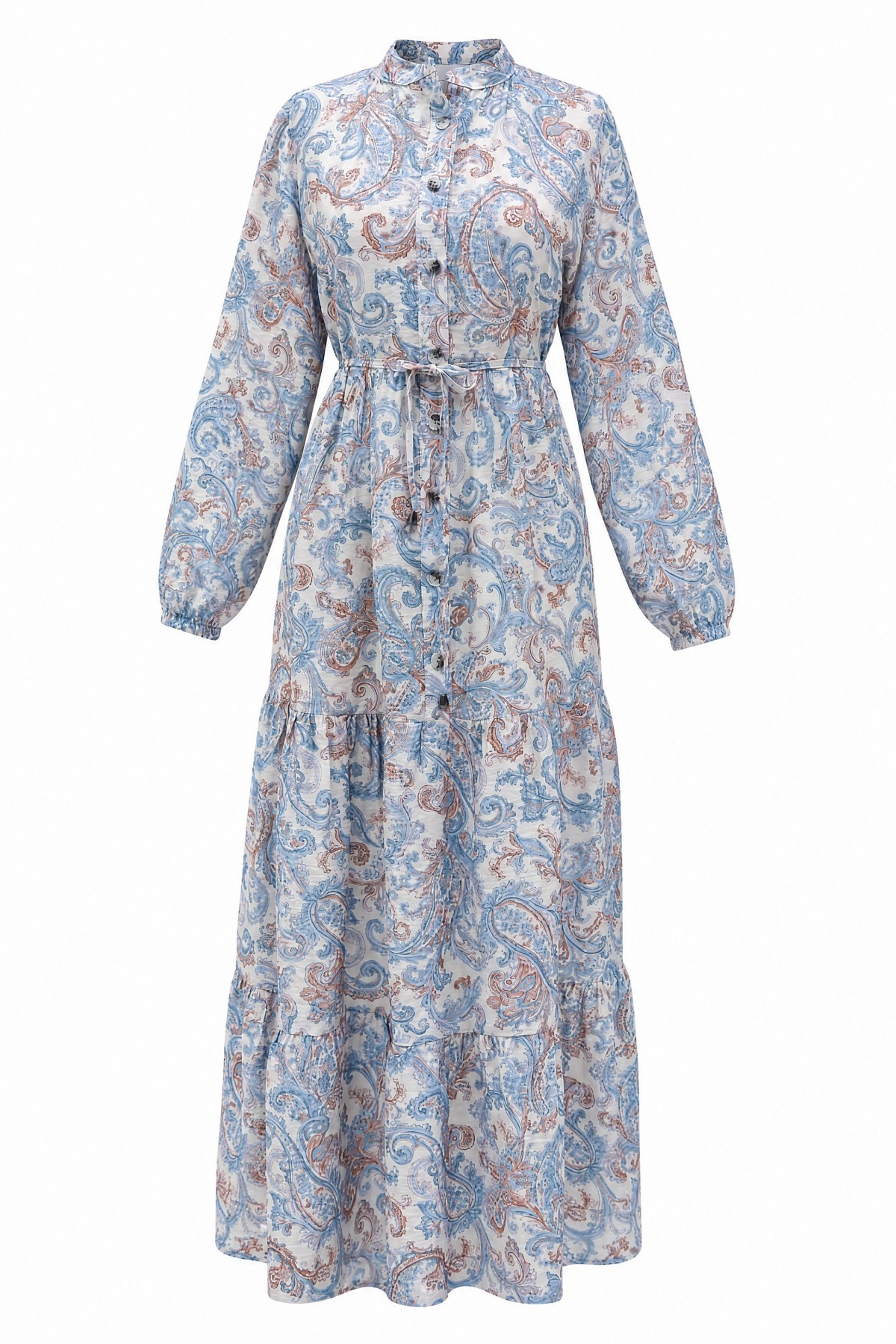 Mandarin Collar Half-Button Mixed Patterned Polycotton Dress with Elasticated Sleeves -Blue