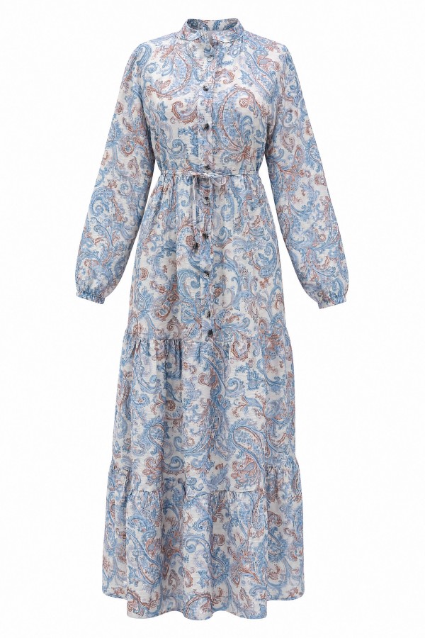 Mandarin Collar Half-Button Mixed Patterned Polycotton Dress with Elasticated Sleeves -Blue