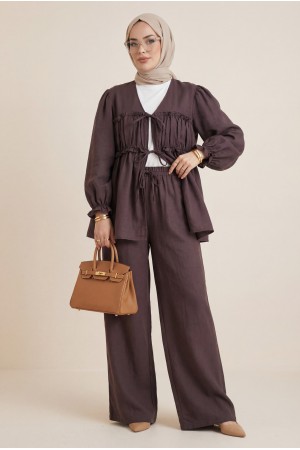 Önü Bağcıklı Büzgülü Kolu Lastikli Modal Takım  -Mürdüm