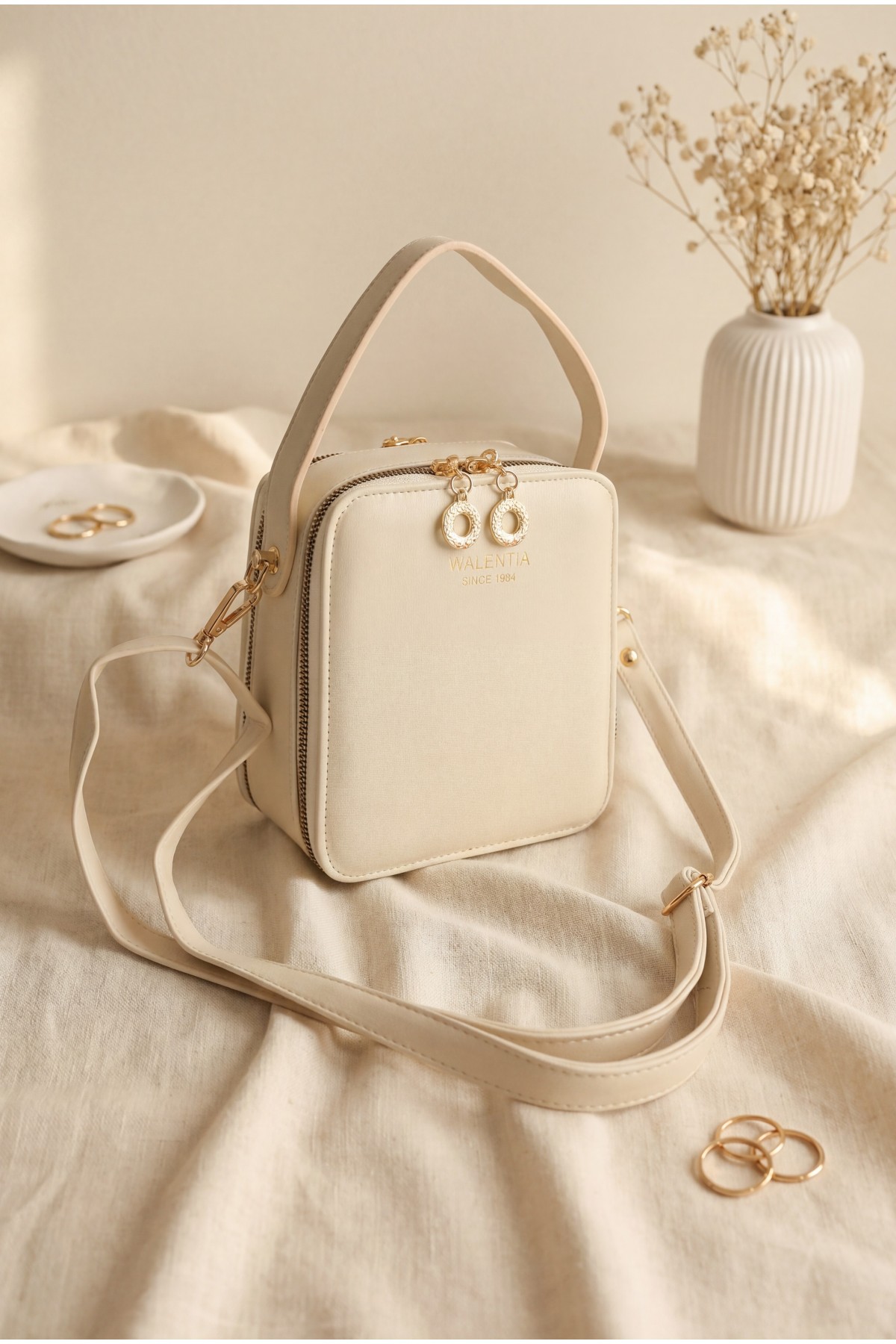 Square Design Functional Mini Shoulder Bag -Cream color