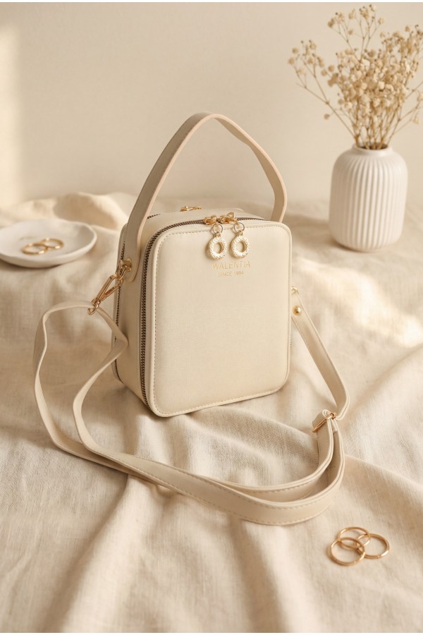 Square Design Functional Mini Shoulder Bag -Cream color