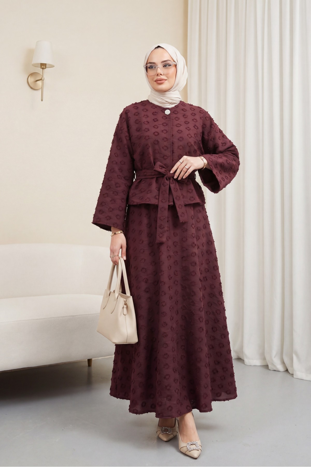 Single Button Embossed Embroidered Tie-Up Voile Crepe Set -Damson