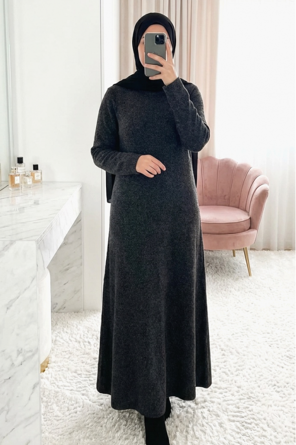 Bisiklet Yaka Beli Oturtmalı Yumoş Triko Elbise   -Siyah