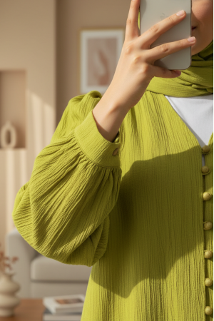 Top Düğmeli V Yaka Krinkıl Gömlek -Yağ Yeşili