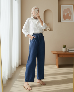 Wide Leg Waist Elastic Lacing Detail Jeans  -Dark blue