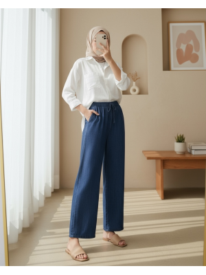 Bol Paça Beli Lastikli Bağcık Detaylı Kot Pantolon  -Koyu Mavi