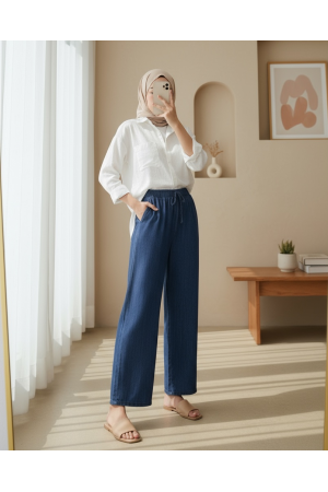 Bol Paça Beli Lastikli Bağcık Detaylı Kot Pantolon  -Koyu Mavi