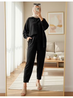 Kadın Siyah Oversize Keten Alt Üst Takım 6622