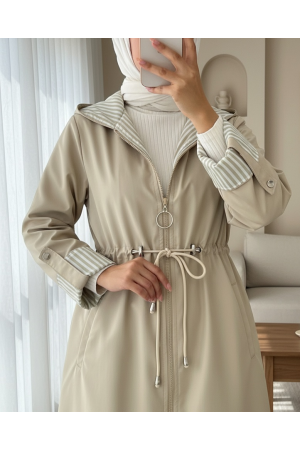 Belden Sıkmalı Kapitone Astarlı Kapşonlu Trençkot -Taş