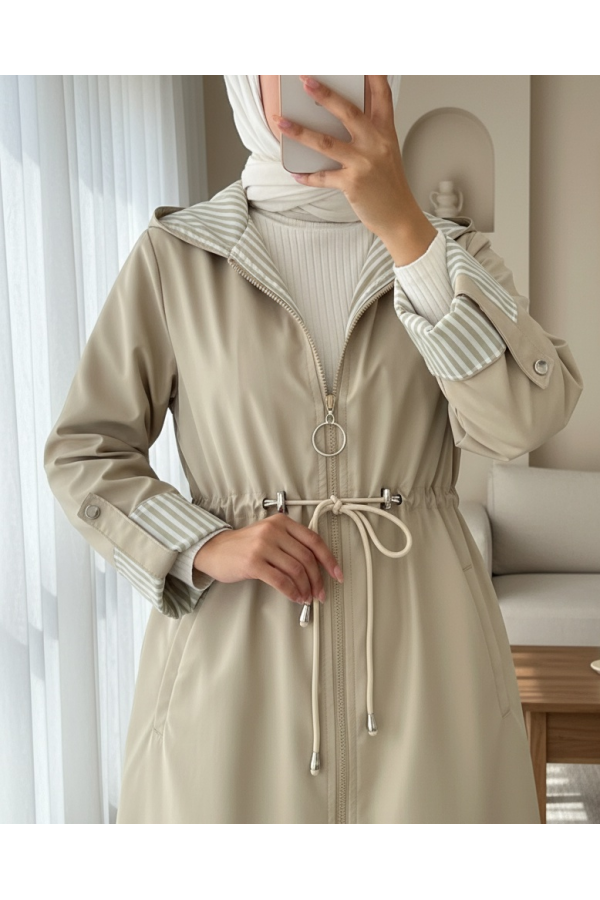 Waist Tight Quilted Lined Hooded Trench Coat -Stone