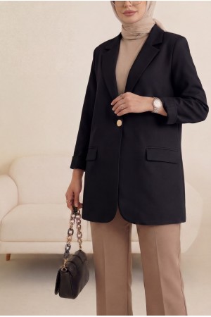 Cepli Tek Düğmeli Likralı Ceket -Siyah