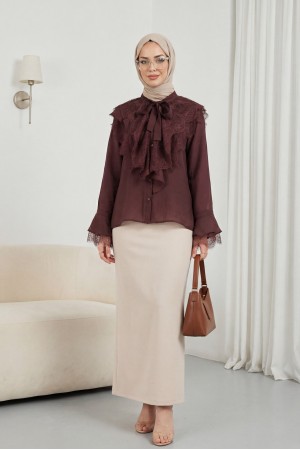 Long Back Cupra Shirt with Lace Detail and Lace Neckline -Damson