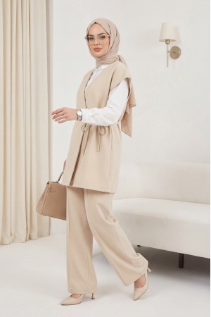 Düğme Detaylı Çift Bağcıklı Yelek Pantolon Double Krep Takım -Bej