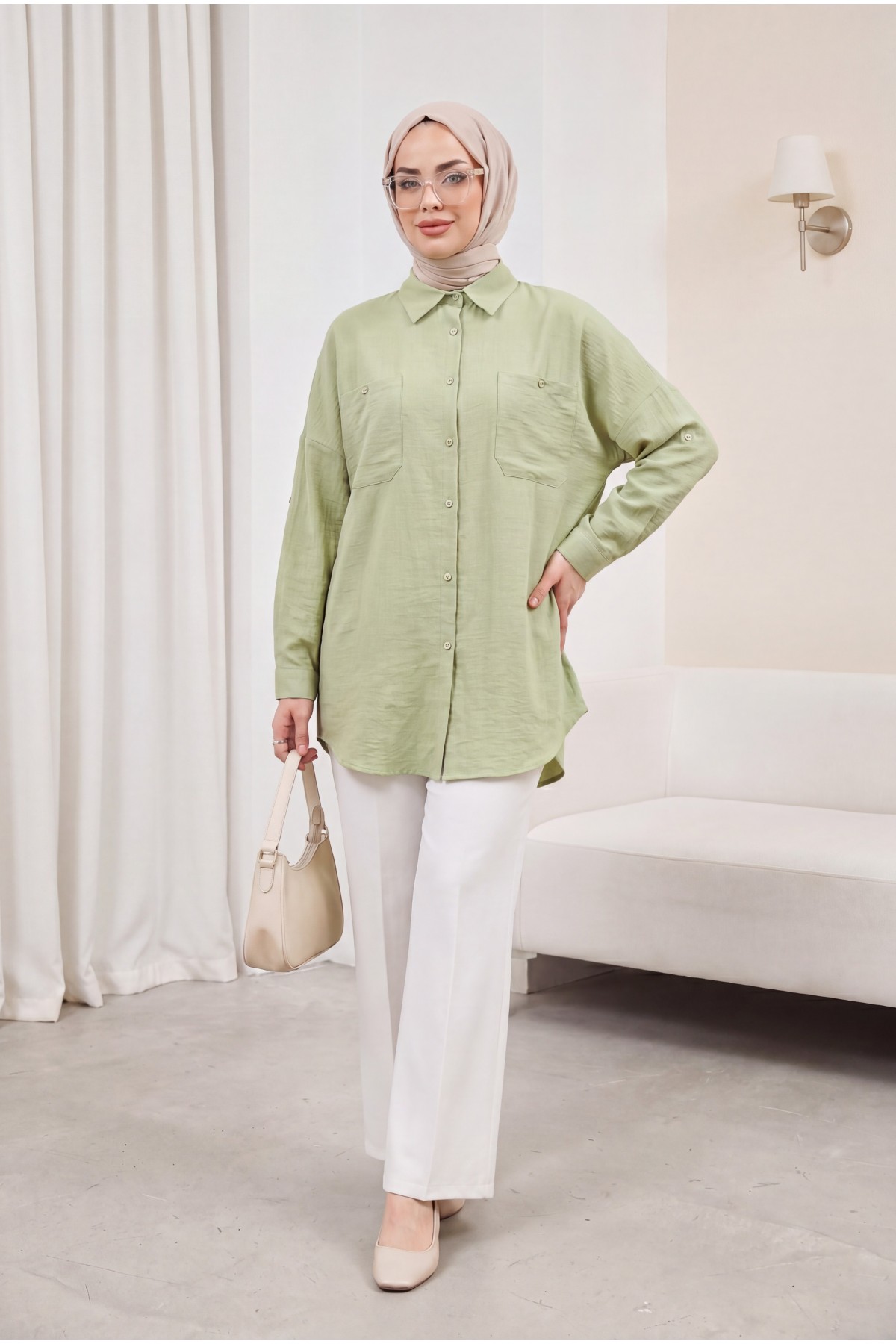 Double Pocket Oval Cut Folded Sleeve Shirt Tunic -Cagla Green
