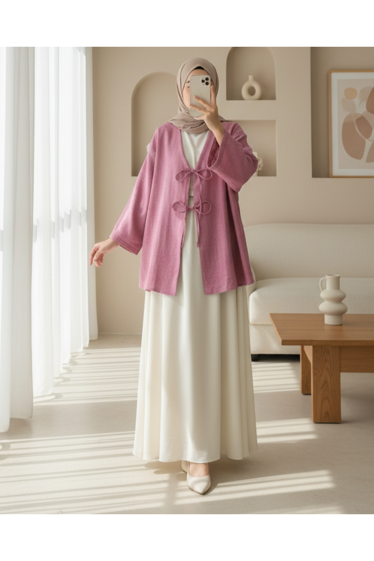 Linen Kimono with Lace Front    -Cherry Color