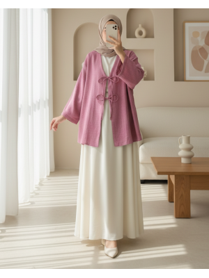 Önü Bağcıklı Keten Kimono    -Vişne