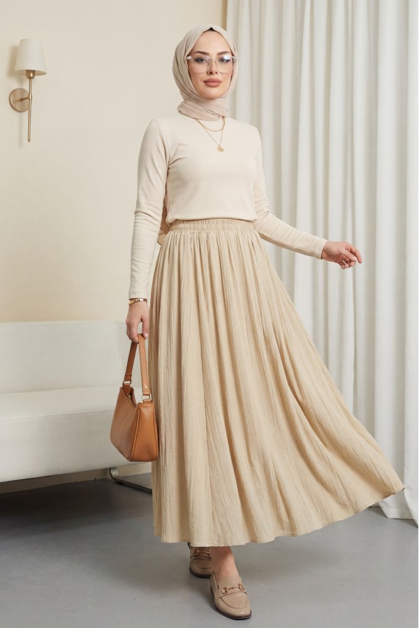 Long, Lined, Elastic Waist Waffle Skirt -Light Mink