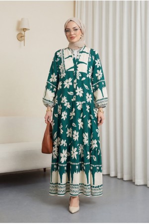 فستان منقوش بنصف أزرار وأكمام مطاطية -زمرد