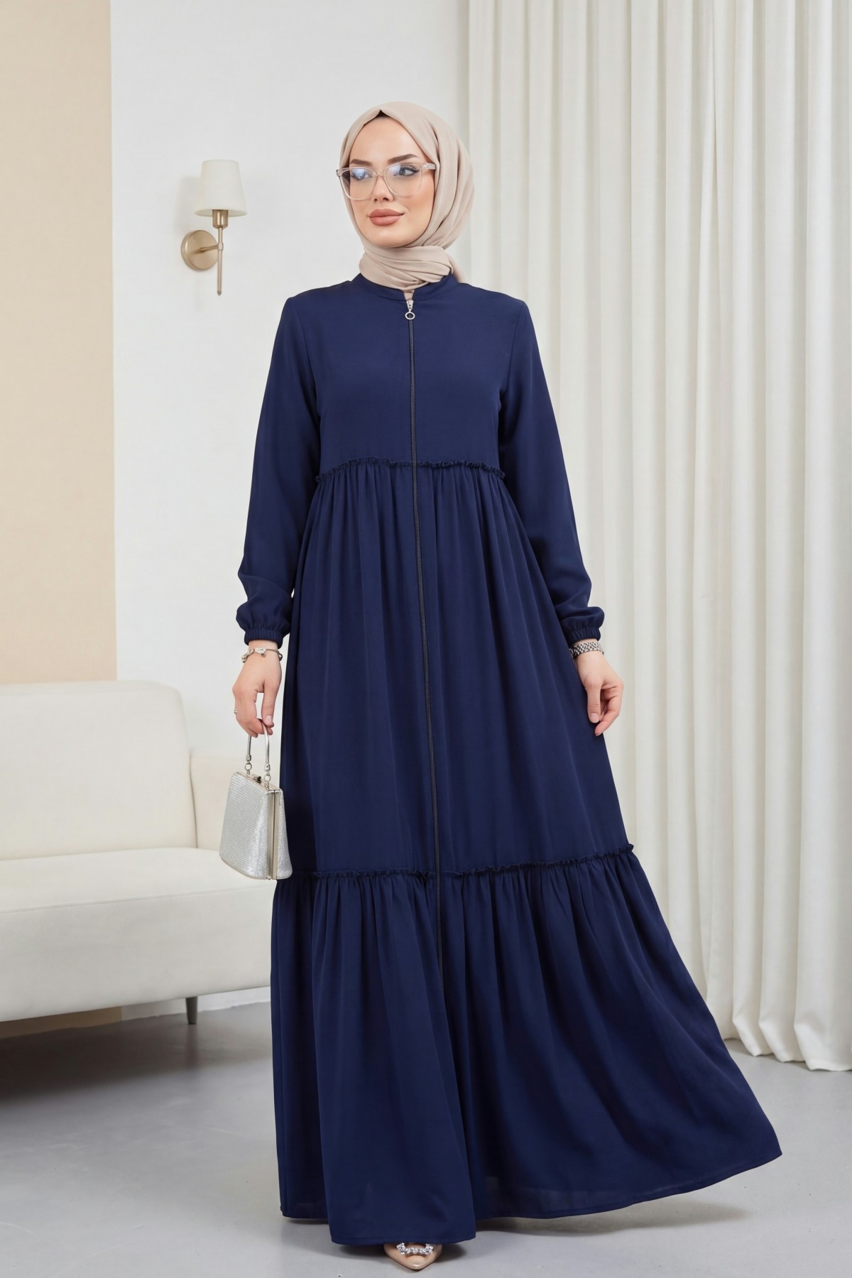 Parted Elastic Sleeve Full Zip Abaya -Navy blue