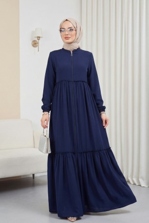 Parçalı Kolu Lastikli Boydan Fermuarlı Ferace -Laci