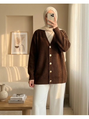 Önü Düğmeli Sakallı Salaş Triko Hırka -Kahve