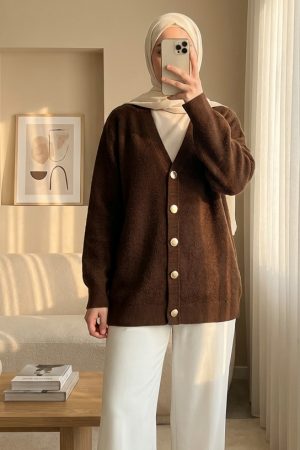 Önü Düğmeli Sakallı Salaş Triko Hırka -Kahve