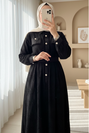 Püskül Detaylı İnci Düğmeli Etekli Takım -Siyah