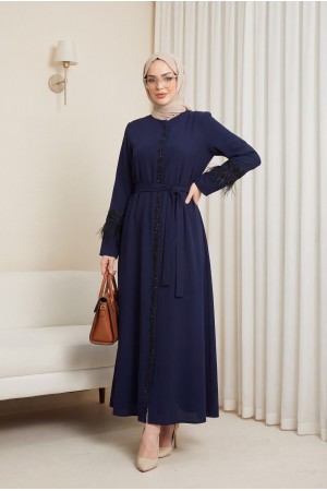 Tüy Detaylı Kuşaklı Ferace Lacivert