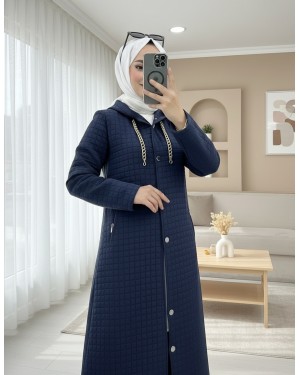 Long Quilted Coat with Chain Detail on Collar  -Navy blue