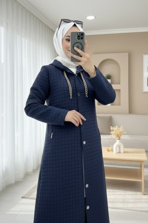 Long Quilted Coat with Chain Detail on Collar  -Navy blue