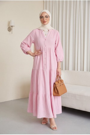 V Yaka Yarım Düğmeli Kolu Lastikli Parçalı Müslin Elbise  -Pembe